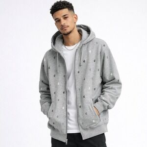 Y2K Rocawear Mens Gray All Over Logo Full Zip Hoodie‎ Sweatshirt XL